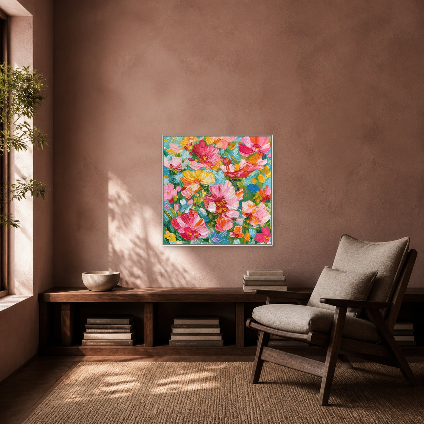 Floral Abundance in a slim white floating frame above a walnut book bench in a rose-clay reading nook