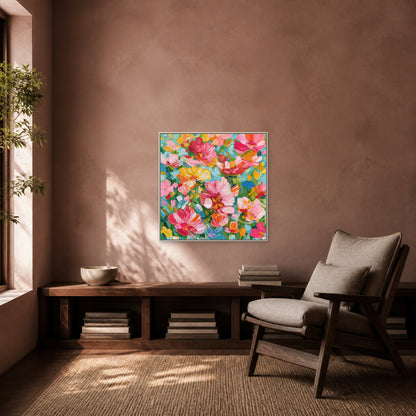 Floral Abundance in a slim white floating frame above a walnut book bench in a rose-clay reading nook