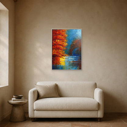 Autumn woodland and lake painting in a slim white floating frame above a curved loveseat