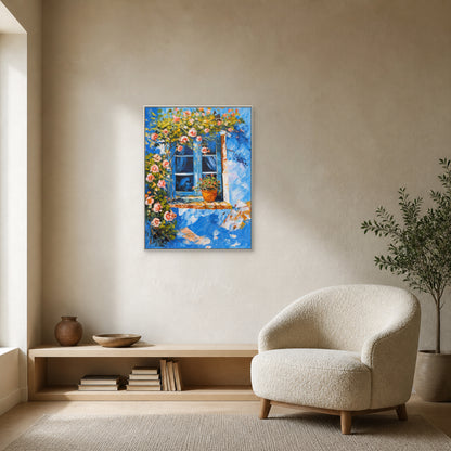 Blue Window in Bloom in a slim white floating frame beside an ivory reading chair