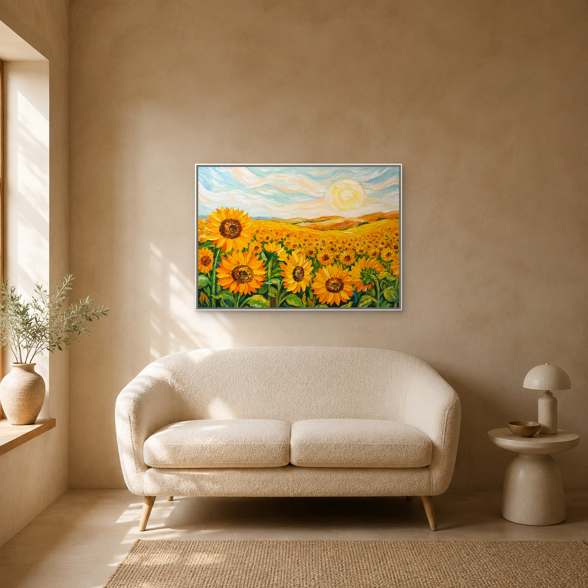 Sunflower field painting in a slim white floating frame centred above an ivory loveseat