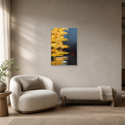 Golden Maple at Dusk in a slim white floating frame above a cream reading chair and upholstered bench