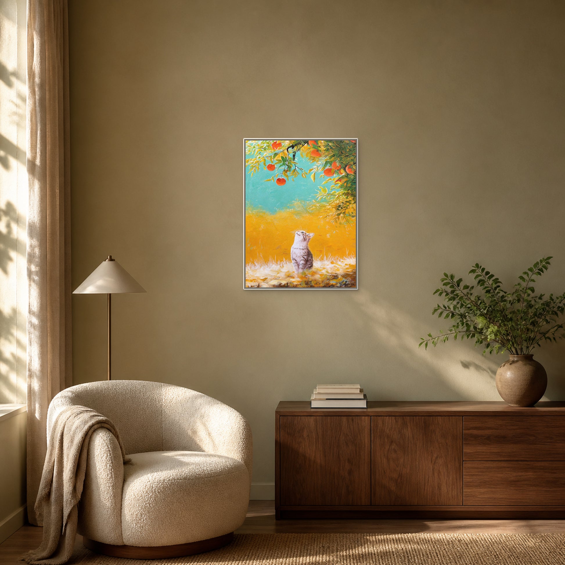 Beneath the Persimmon Tree in a slim white floating frame above a walnut sideboard in an olive-beige reading space