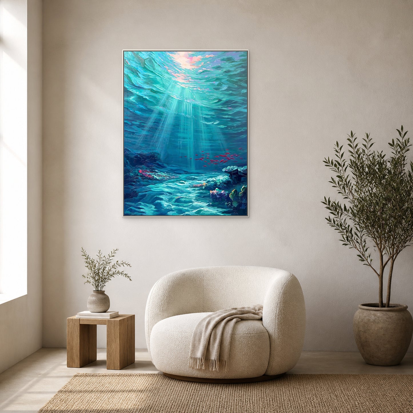 Deep Blue Reverie in a slim white floating frame above an ivory boucle chair and oak side table on a warm white wall