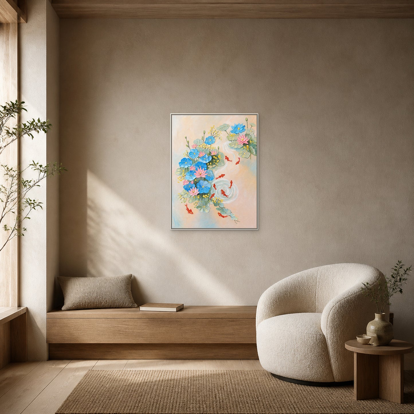 Nine Koi and Lotus in a slim white floating frame above an oak bench beside a rounded reading chair