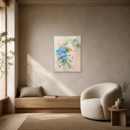 Nine Koi and Lotus in a slim white floating frame above an oak bench beside a rounded reading chair