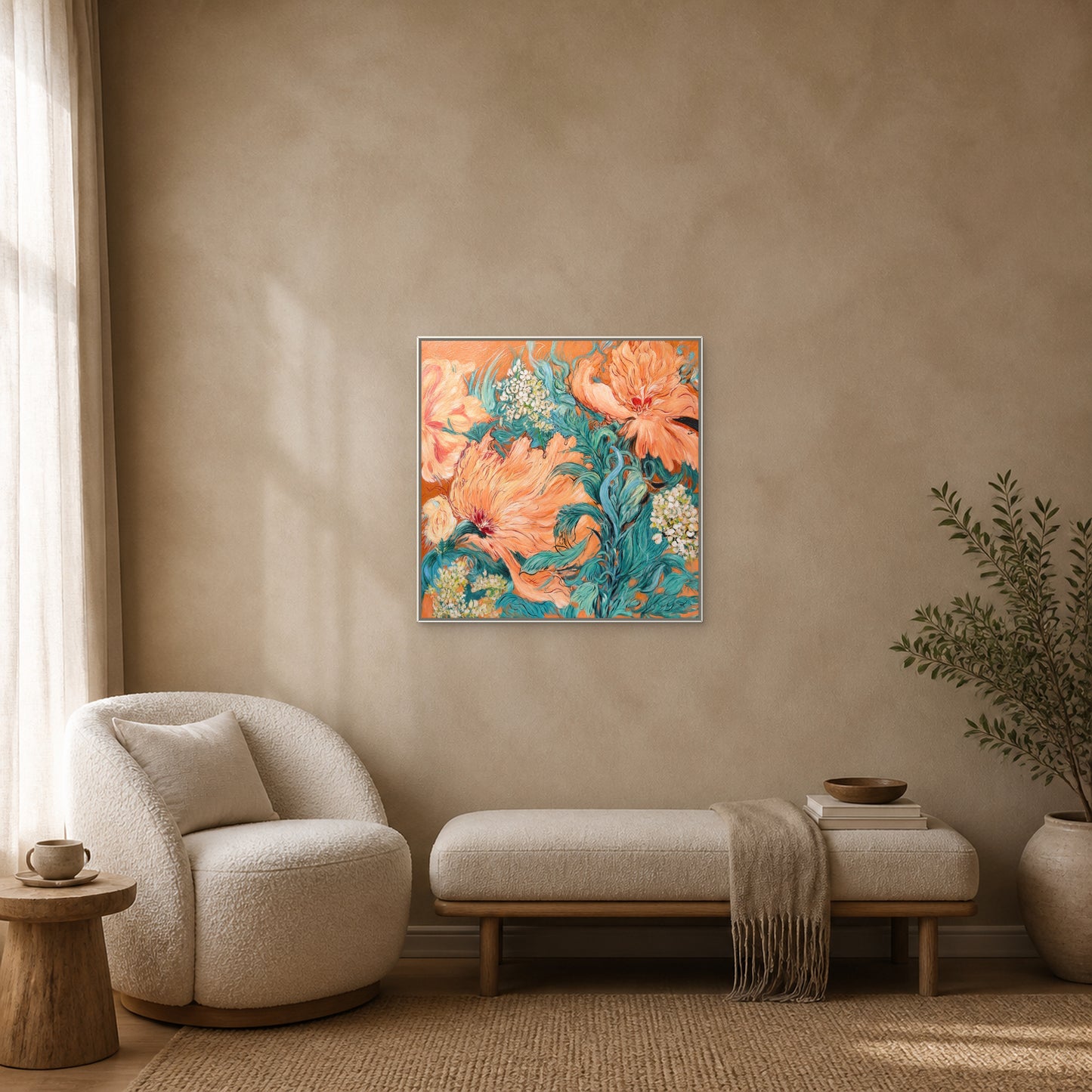 Coral Peony Garden in a slim white floating frame above a cream chair and low bench on a mushroom wall