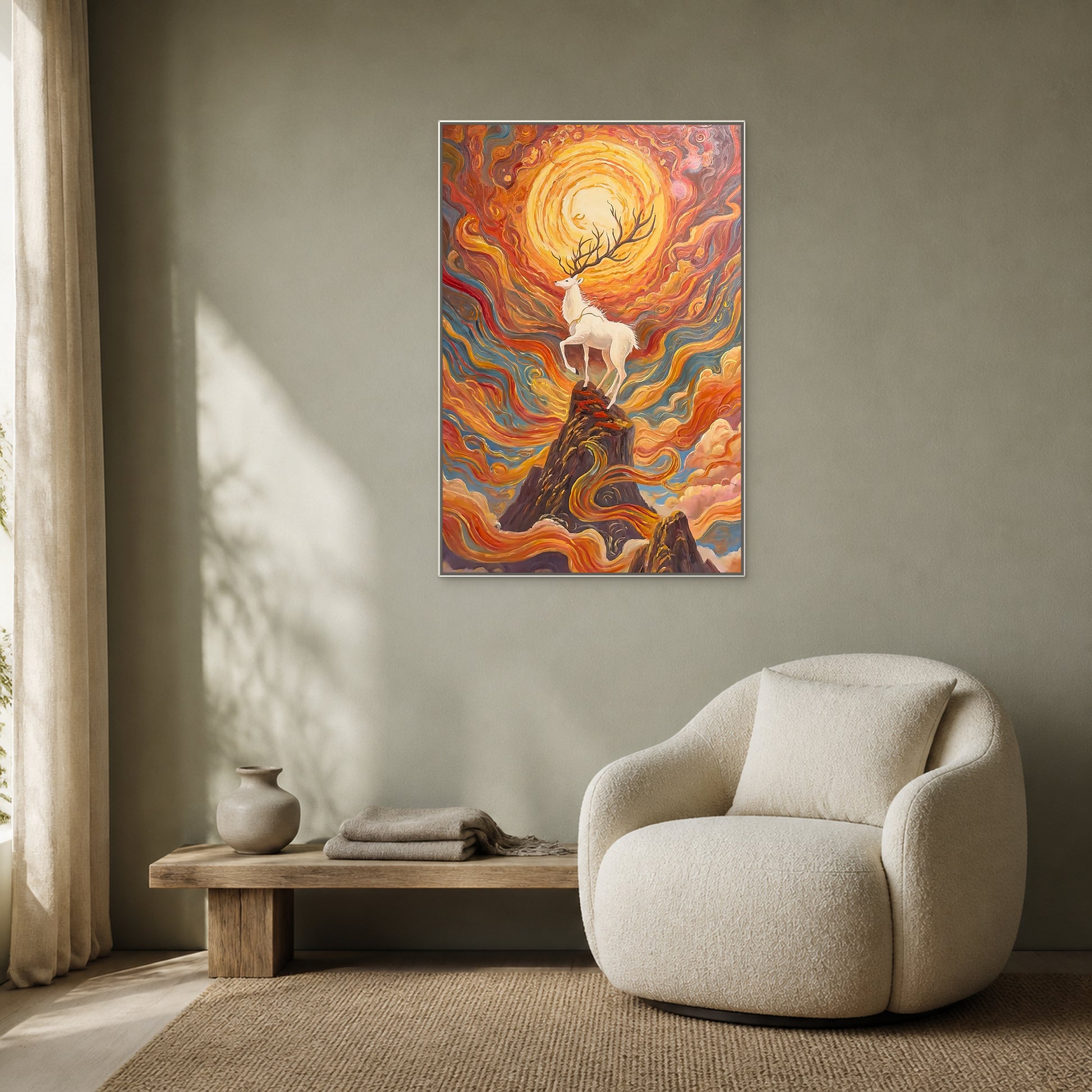 White deer and flowing cloud painting in a thin white floating frame above an ivory reading nook
