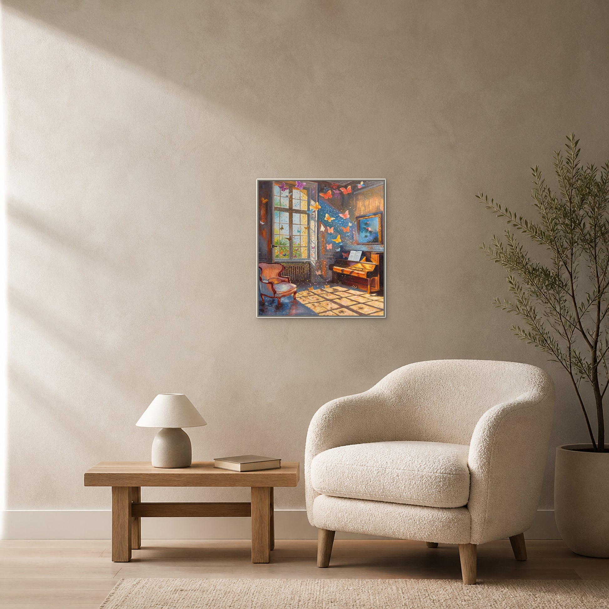 Butterflies in the Music Room in a slim white floating frame above an oak bench beside a cream reading chair