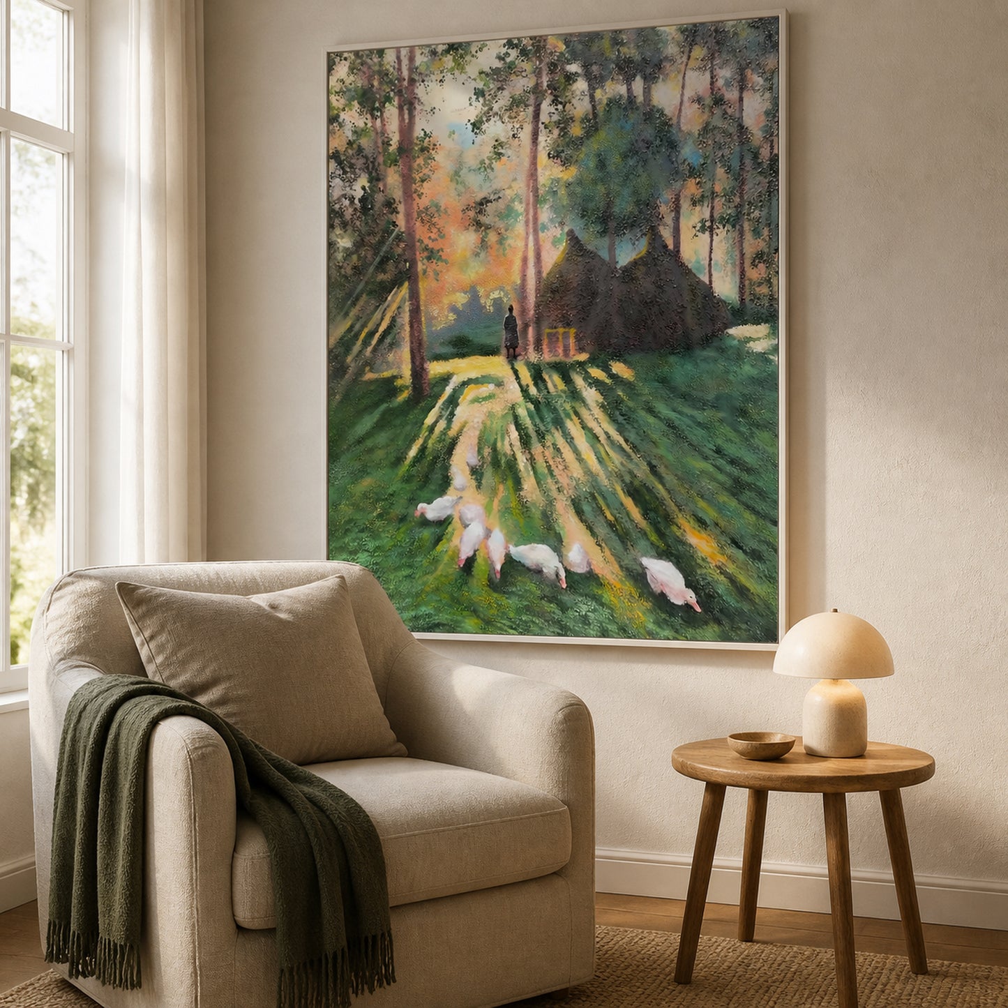 Woodland Morning in a slim white floating frame beside a neutral reading chair