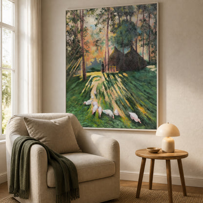 Woodland Morning in a slim white floating frame beside a neutral reading chair