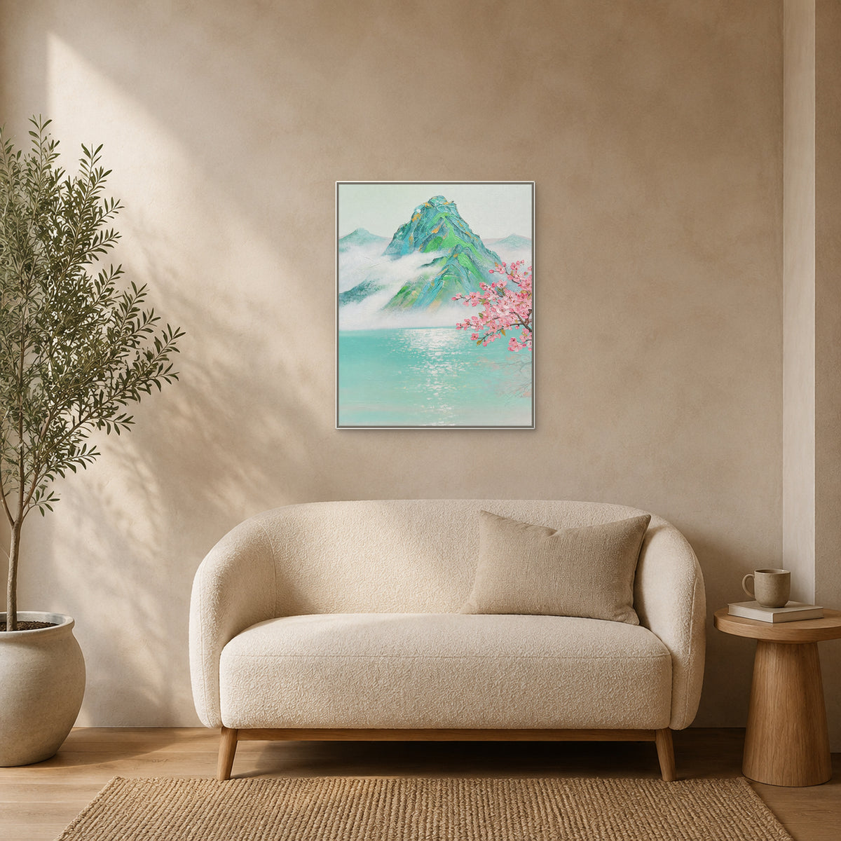 Misty mountain blossom painting in a slim white floating frame above an ivory boucle loveseat