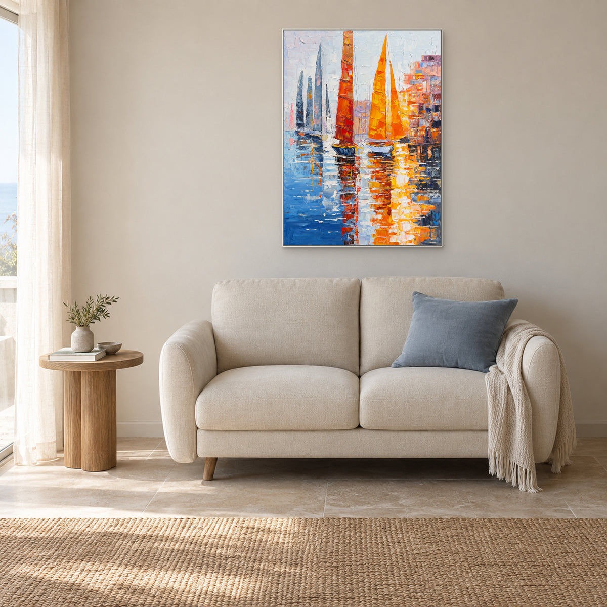 Orange sailboat painting in a white floating frame above a cream loveseat