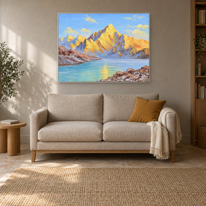White-framed mountain lake landscape above a cream loveseat with an ochre cushion