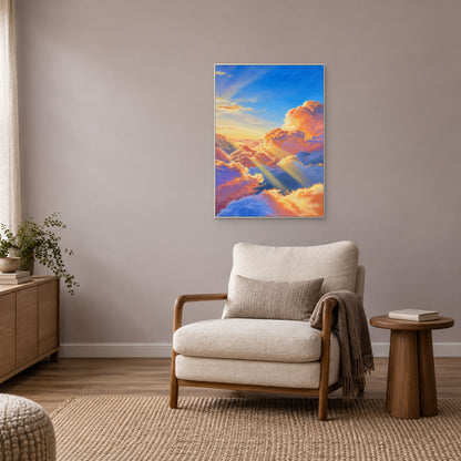 Sunlit cloud artwork in a thin white floating frame above a cream lounge chair in a warm reading corner