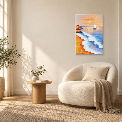 White-framed sailboat and ochre shore painting above a rounded cream armchair beside an oak side table.