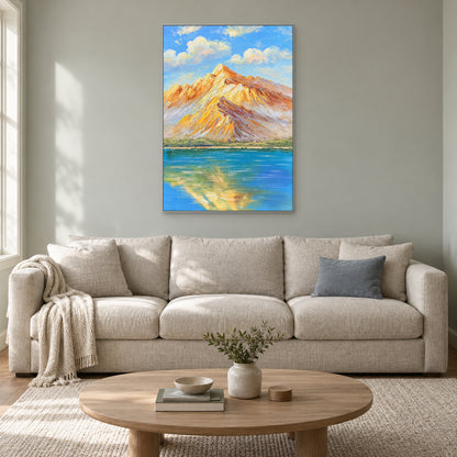 Vertical amber mountain landscape in a silver-tone frame over an oatmeal sofa on a sage-grey wall