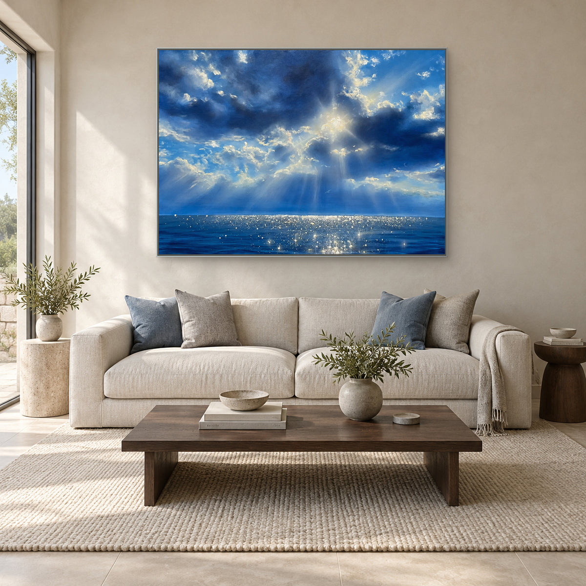Horizontal blue seascape in a thin silver-coloured frame centred above an oatmeal sofa.