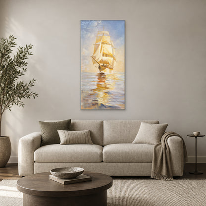 Tall sailing ship painting in a silver-coloured floating frame above an oatmeal sofa on a warm greige wall.