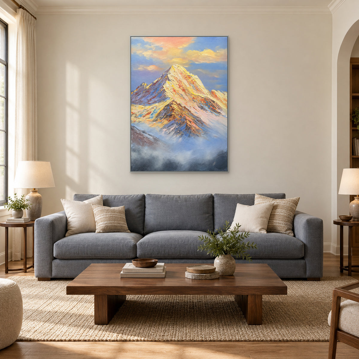 Vertical mountain and mist painting in a silver-tone frame centred above a grey sofa