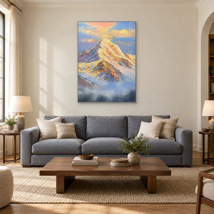 Vertical mountain and mist painting in a silver-tone frame centred above a grey sofa