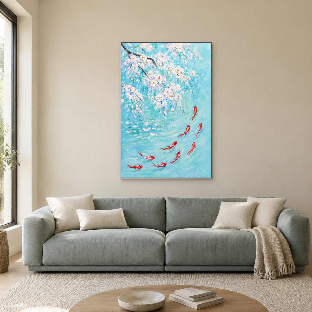Vertical koi painting in a silver-coloured floating frame above a muted aqua sofa on a warm stone-coloured wall.