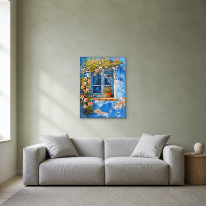 Blue Window in Bloom in a slim silver floating frame above a light neutral living room sofa