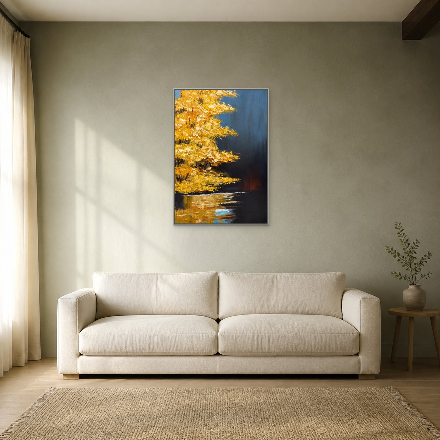 Golden Maple at Dusk in a slim silver floating frame centred above an ivory sofa on a sage-grey wall