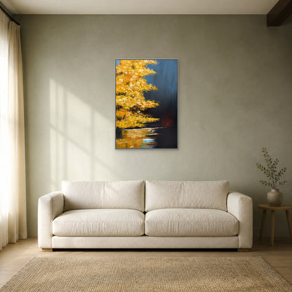 Golden Maple at Dusk in a slim silver floating frame centred above an ivory sofa on a sage-grey wall