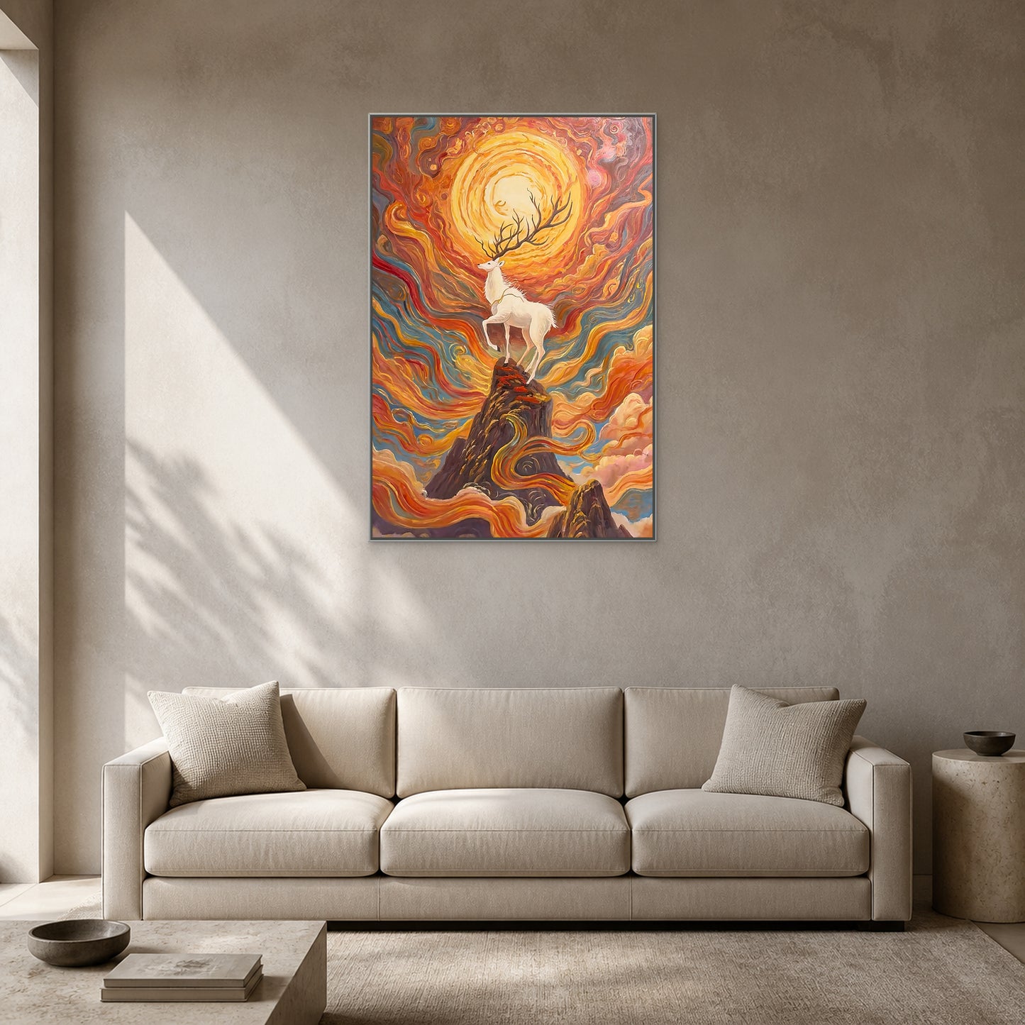 Vertical deer mountain artwork in a thin silver floating frame centred above a light neutral sofa