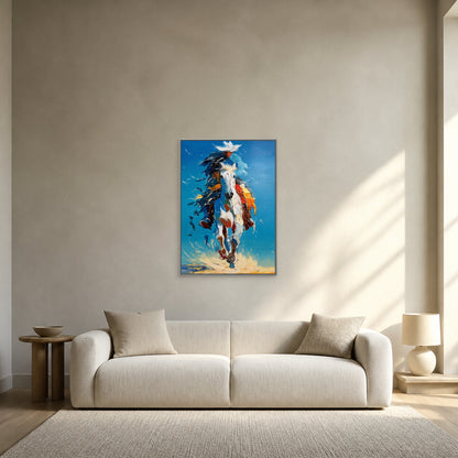 Blue Sky Gallop in a slim silver floating frame centred above an ivory sofa on a warm grey wall