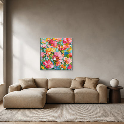 Floral Abundance in a slim silver floating frame above a camel-beige modular sofa on a mushroom-grey wall