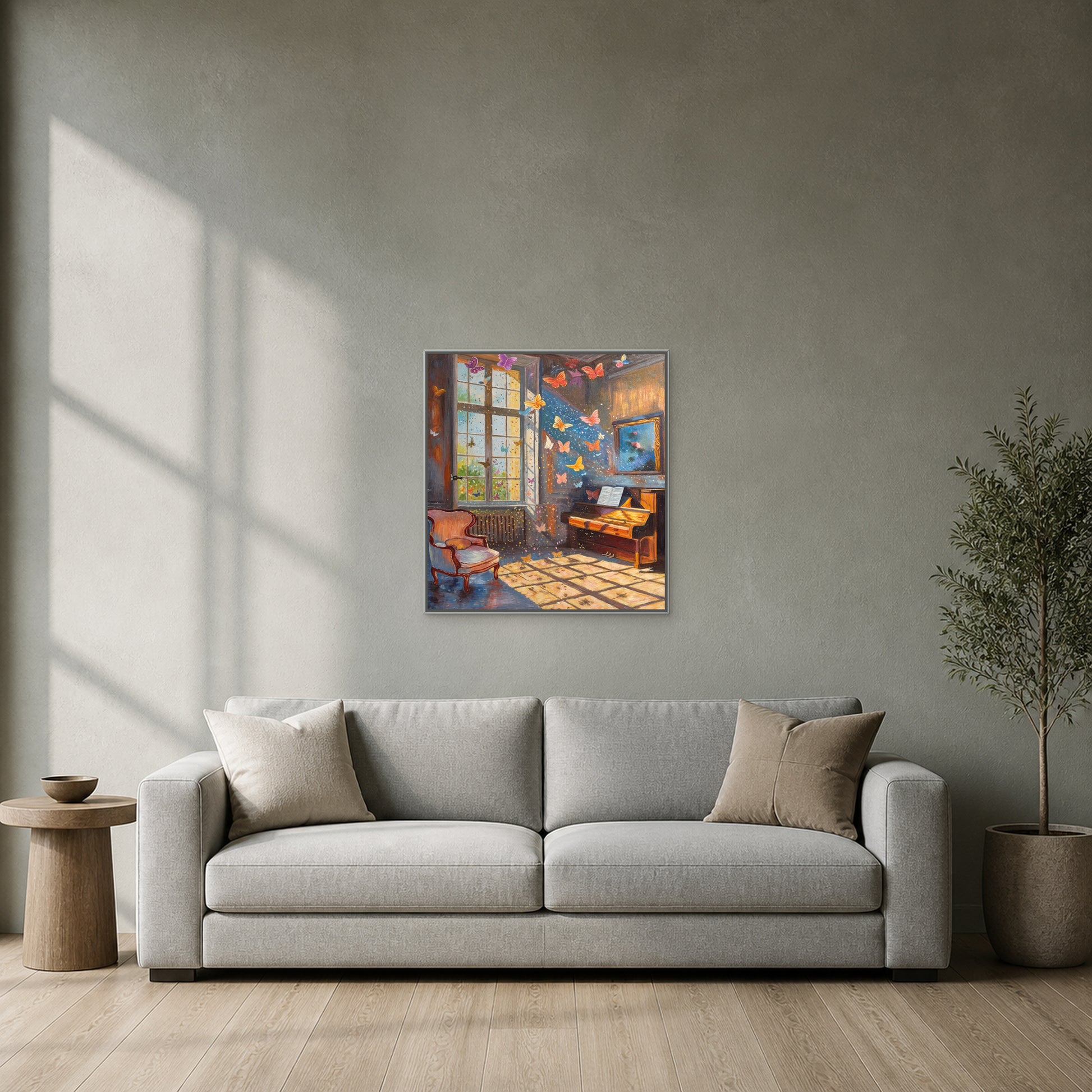 Butterflies in the Music Room in a slim silver floating frame centred above an ivory sofa on a warm grey wall