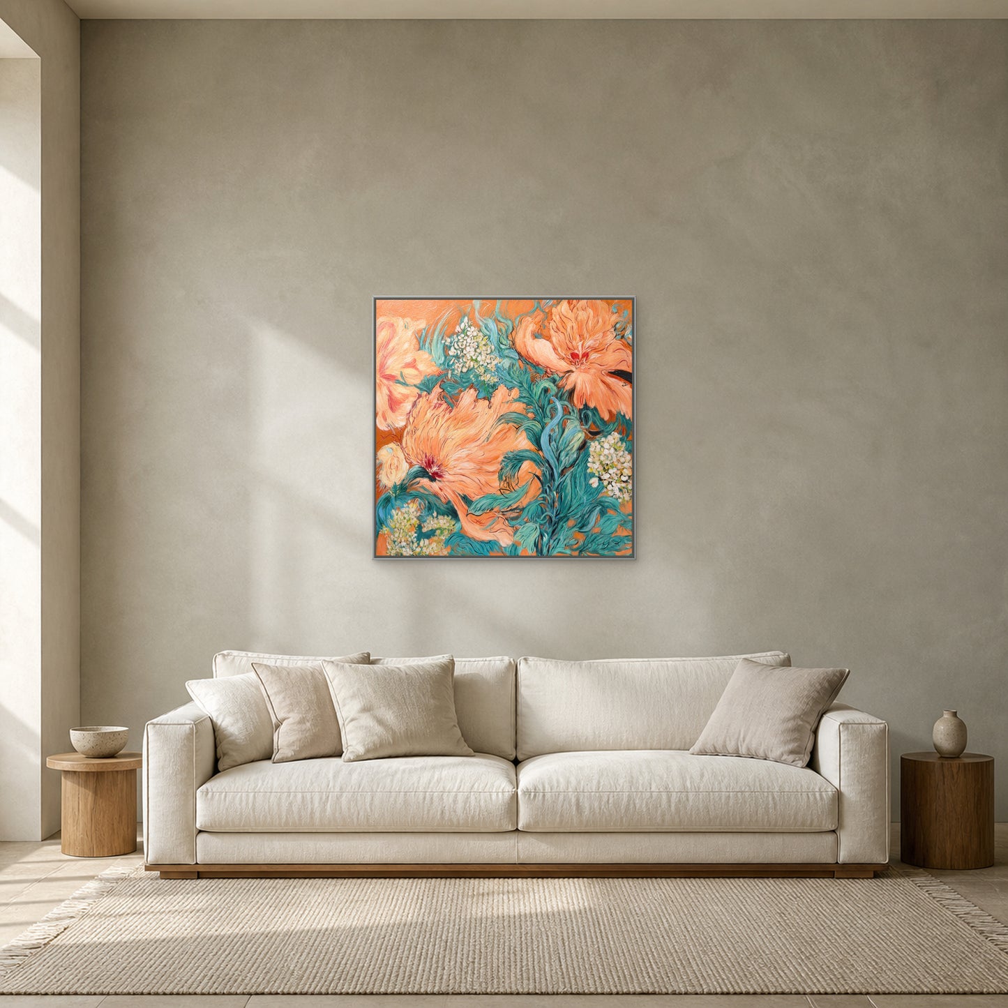 Coral Peony Garden in a slim silver floating frame centred above an ivory sofa on a sage-grey wall