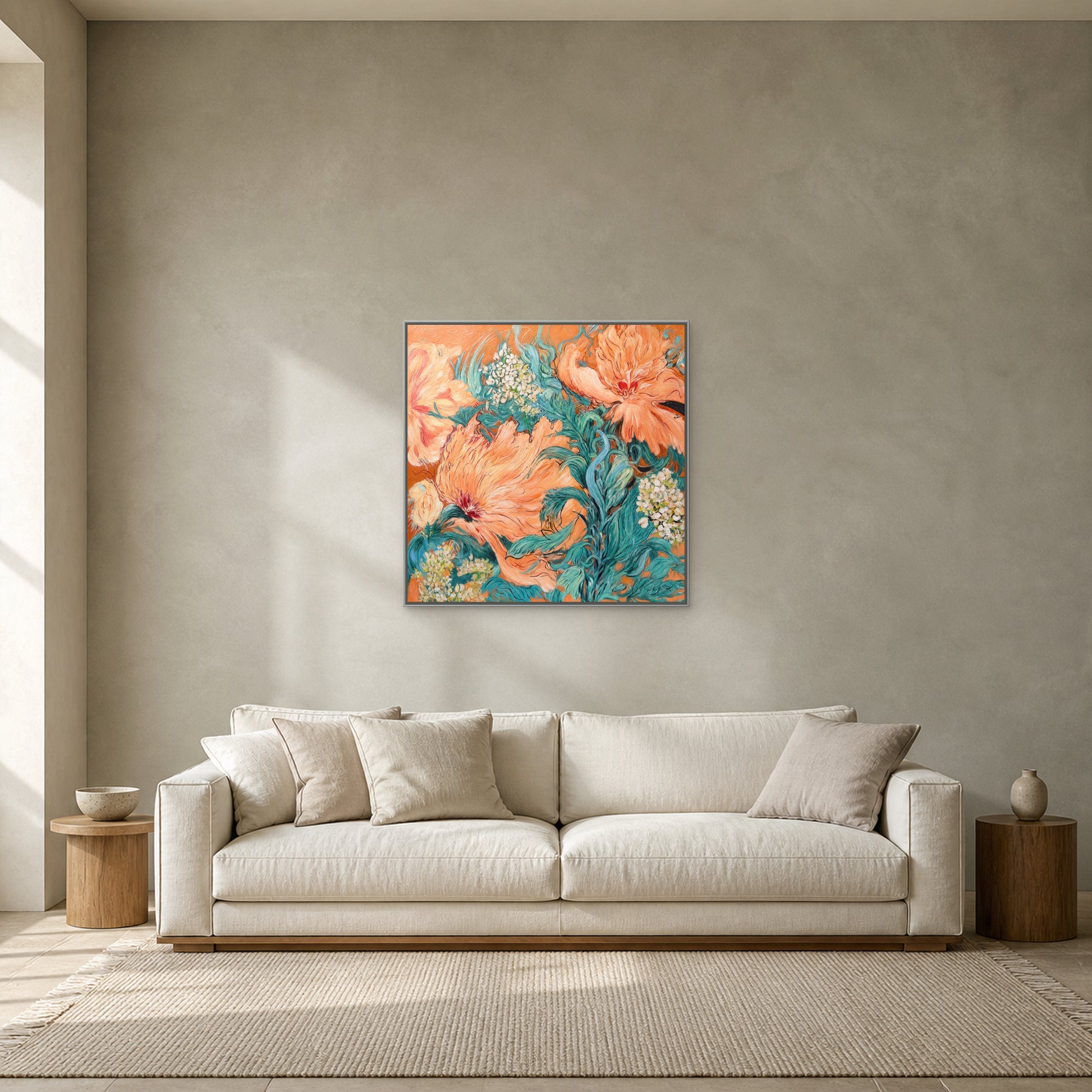 Coral Peony Garden in a slim silver floating frame centred above an ivory sofa on a sage-grey wall