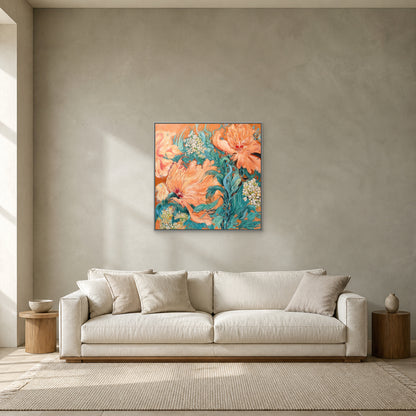 Coral Peony Garden in a slim silver floating frame centred above an ivory sofa on a sage-grey wall