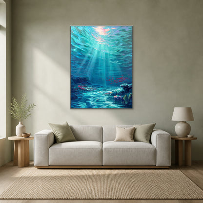 Deep Blue Reverie in a slim silver floating frame centred above an ivory sofa on a pale sage wall