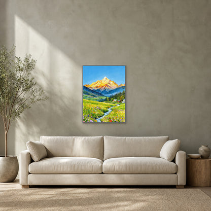 Spring Beneath the Golden Mountain in a slim silver floating frame above an ivory sofa on a sage-grey wall