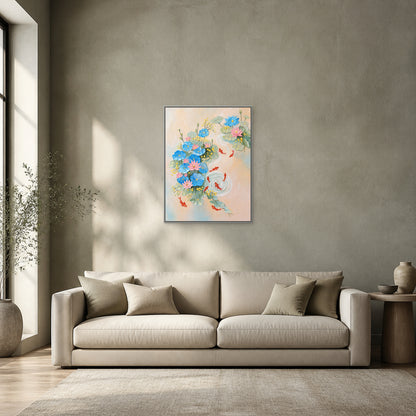 Nine Koi and Lotus in a slim silver floating frame above an ivory sofa on a sage-grey wall