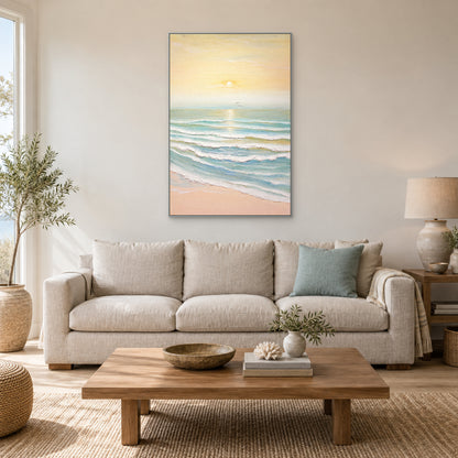 Morning Tide vertical ocean painting in a silver-tone floating frame above a neutral living-room sofa
