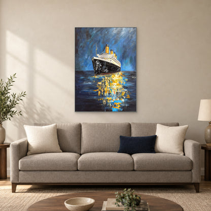 Ocean liner and gold reflections in a silver-toned floating frame centred above a warm grey sofa with a navy cushion