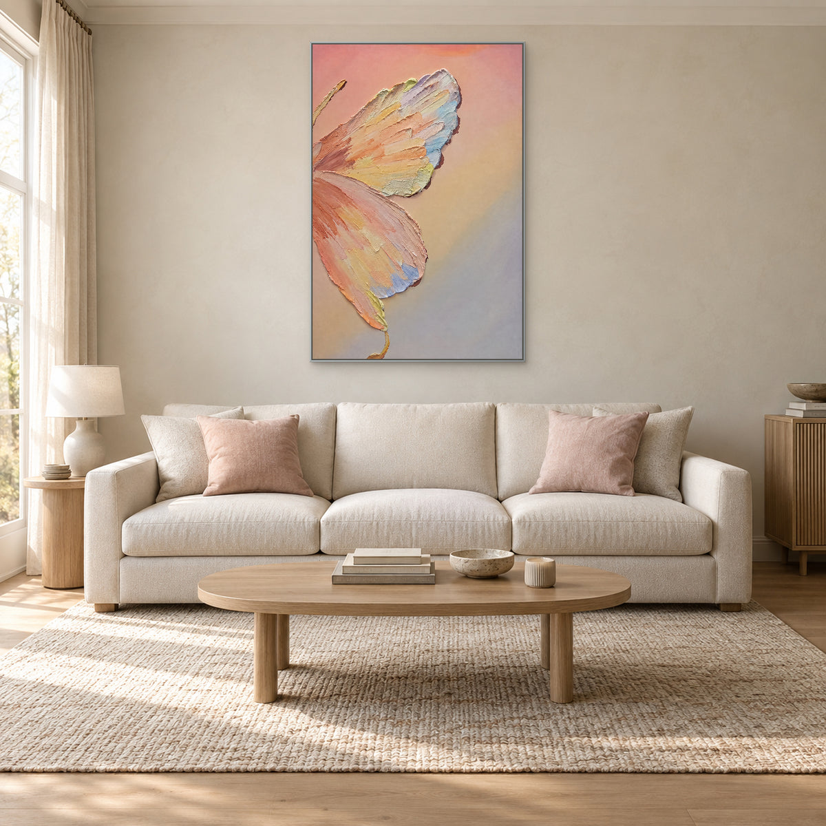 Pastel butterfly in a silver-tone floating frame centred above a cream sofa