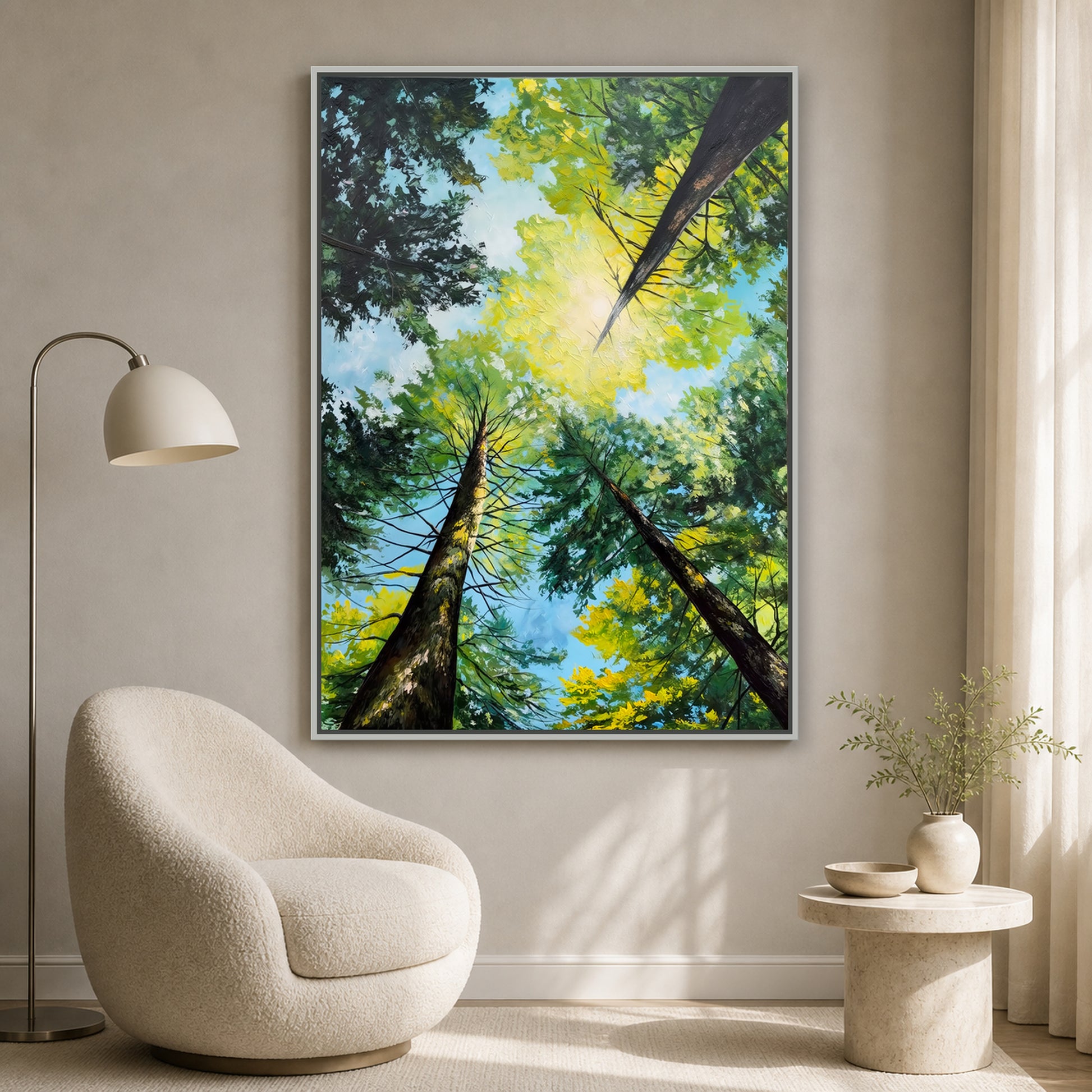 Light Through the Trees in a slim silver floating frame beside an ivory reading chair