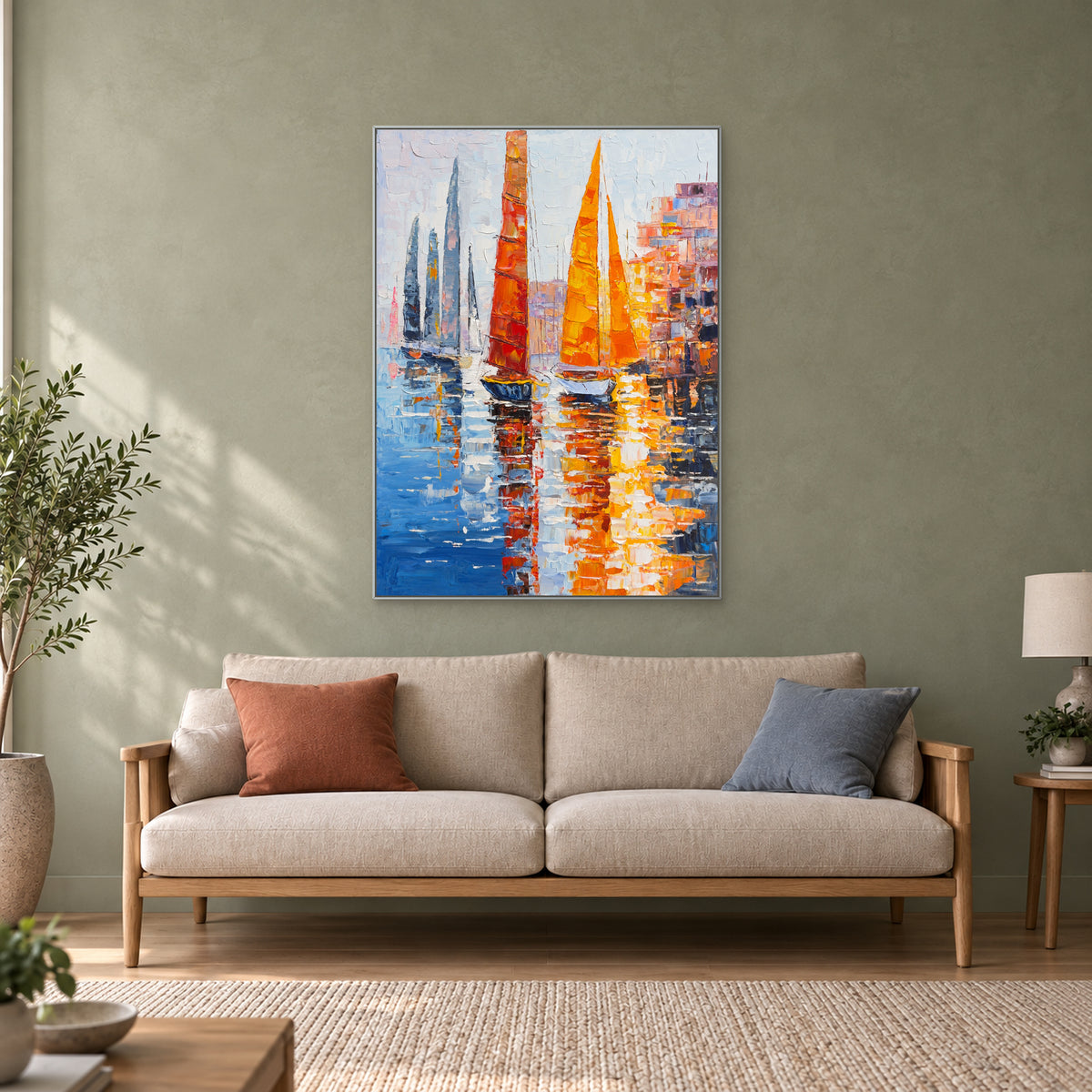 Vertical harbour painting in a silver-tone floating frame above a beige sofa