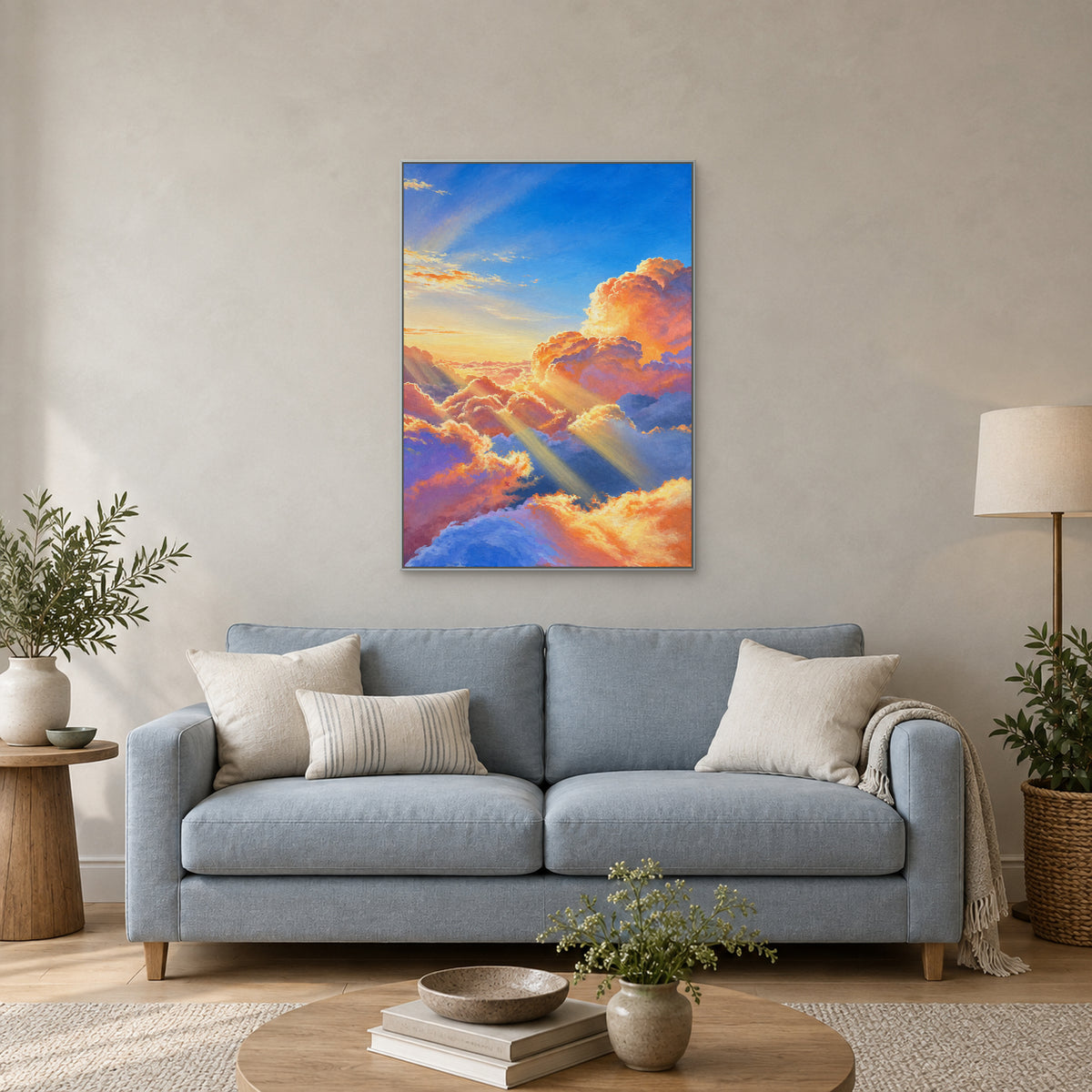 Vertical cloudscape in a silver-tone floating frame centred above a pale blue living-room sofa
