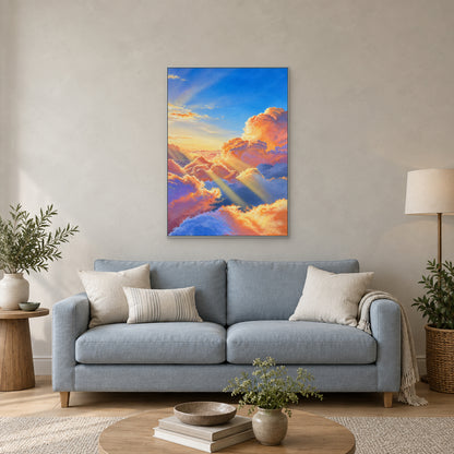 Vertical cloudscape in a silver-tone floating frame centred above a pale blue living-room sofa