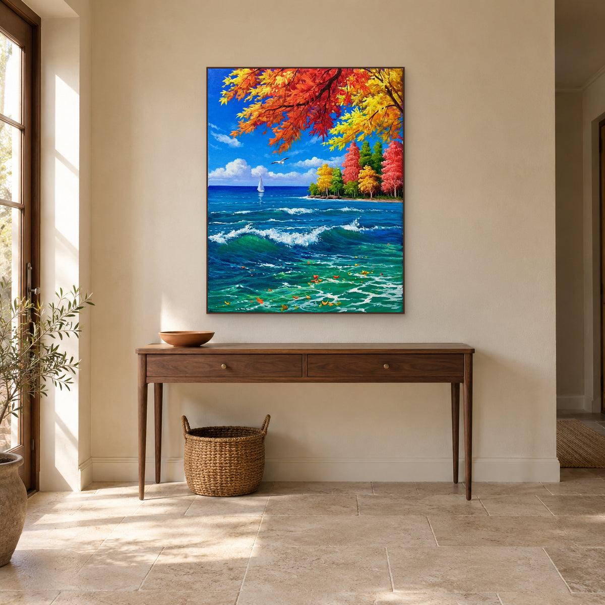Vertical autumn coastal landscape in a walnut-tone frame centred above a narrow entryway console