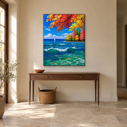 Vertical autumn coastal landscape in a walnut-tone frame centred above a narrow entryway console