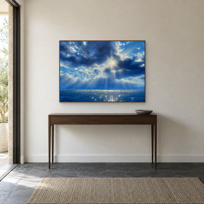 Blue Reverie in a walnut-coloured floating frame above a narrow wooden entryway console.