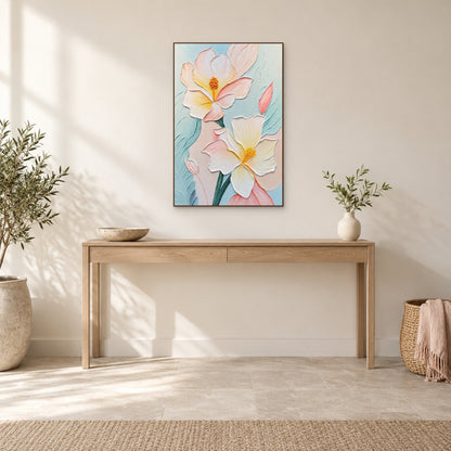 Two large pale flowers in a walnut-coloured frame above an oak console with a stone bowl and ivory vase